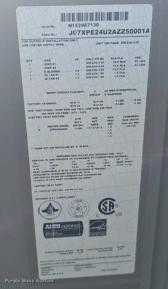 image for item EH8608 Johnson Controls J07XPE24U2AZZ50001A rooftop air conditioner unit