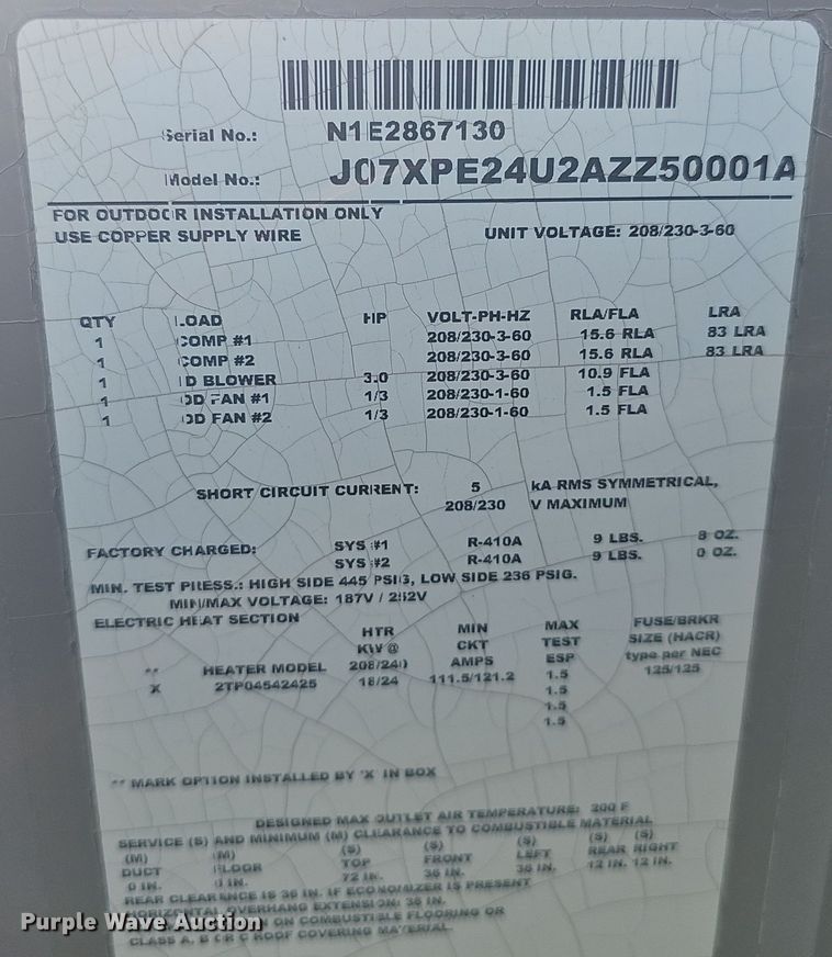 image for item EH8608 Johnson Controls J07XPE24U2AZZ50001A rooftop air conditioner unit