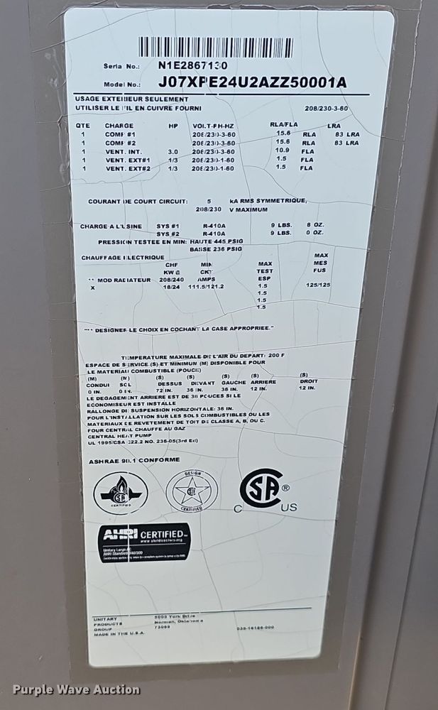 image for item EH8608 Johnson Controls J07XPE24U2AZZ50001A rooftop air conditioner unit