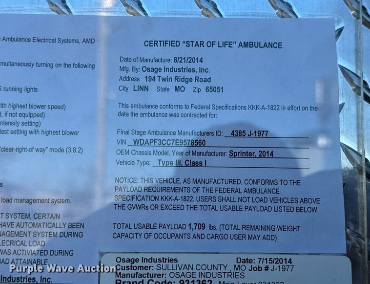 image for item EN5061 2014 Mercedes-Benz Sprinter 3500 ambulance