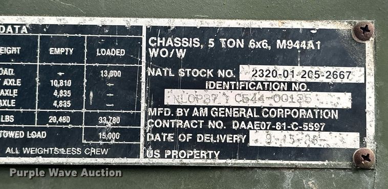 image for item ER4885 1986 AM General M944A1 6X6 truck cab and chassis