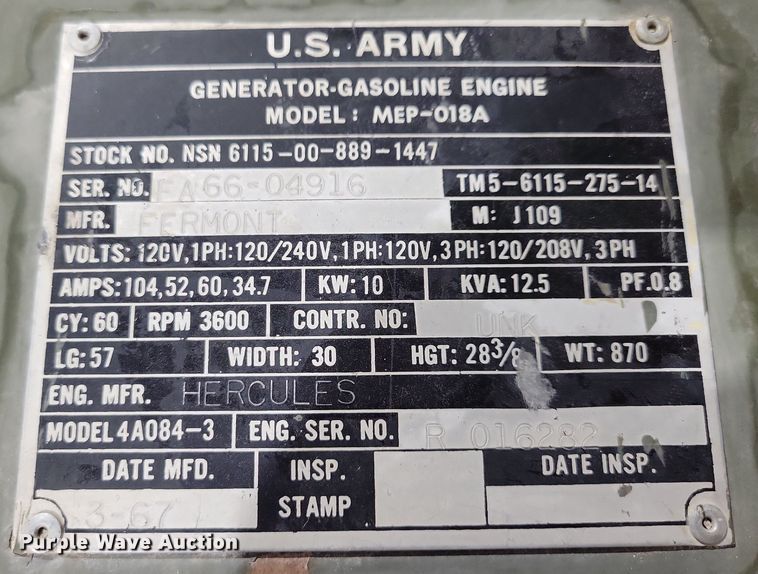 image for item NB9783 1979 Fermont Hercules MEP-018A generator