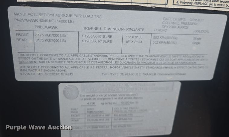 image for item NI9475 2012 Load Trail equipment trailer