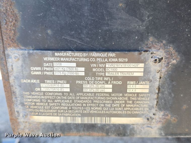 image for item NI9496 2008 Vermeer BC1500 wood chipper