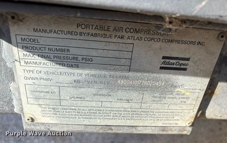 image for item NO9647 2007 Atlas CopCo XAS 185 air compressor
