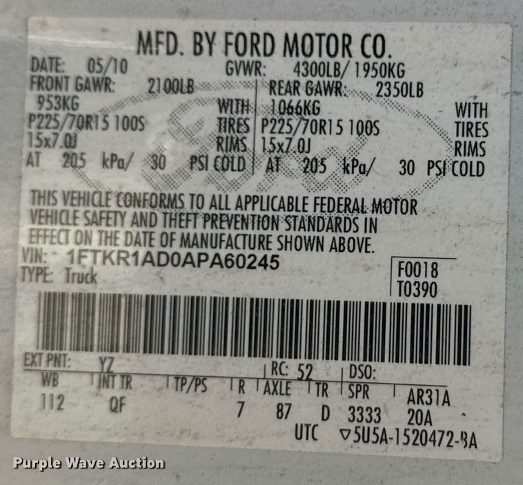 image for item NO9664 2010 Ford Ranger pickup truck