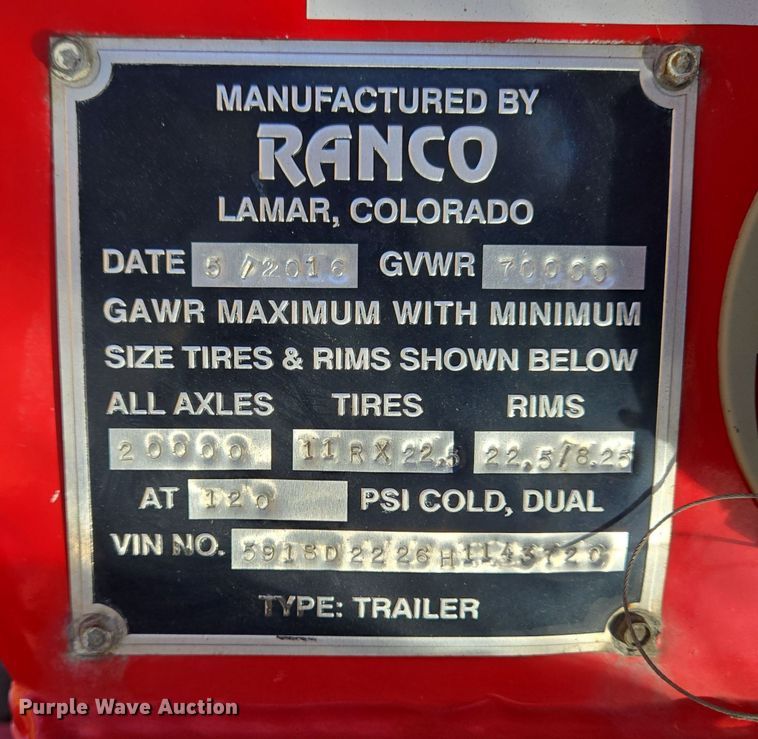 image for item DH9789 2017 Ranco end dump trailer