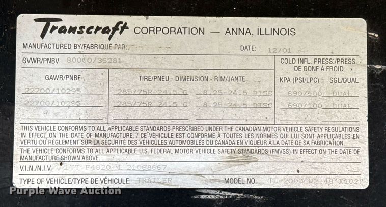 image for item ED5503 2002 Transcraft TL-2000 flatbed trailer