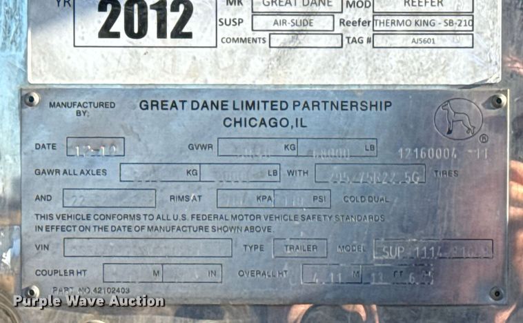 image for item EG2472 2012 Great Dane SUP-1114-31053 refrigerated van trailer