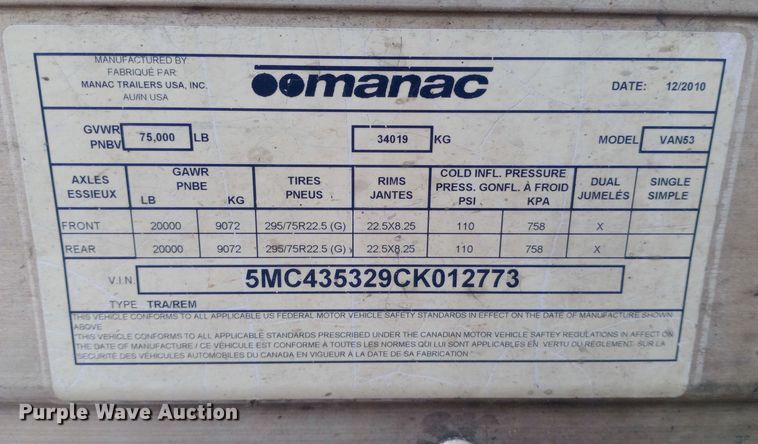 image for item EO0582 2012 Manac VAN53 dry van trailer