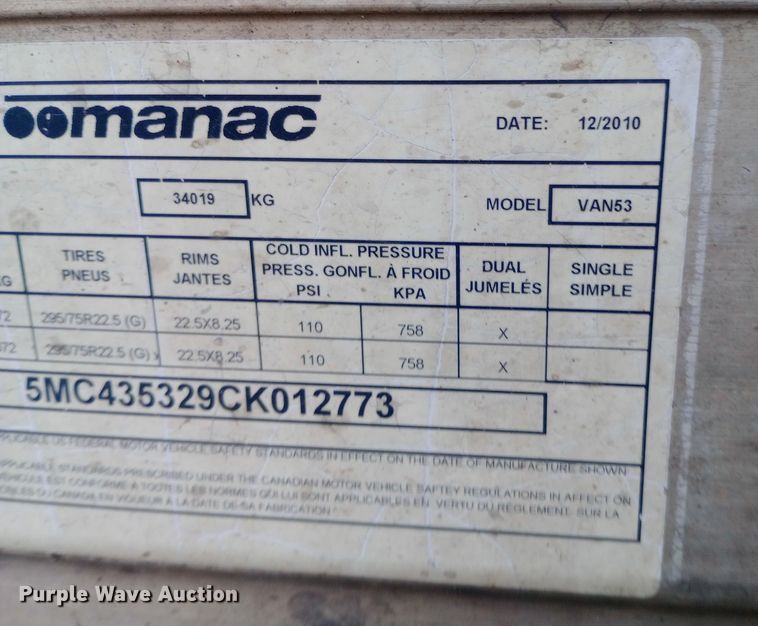 image for item EO0582 2012 Manac VAN53 dry van trailer