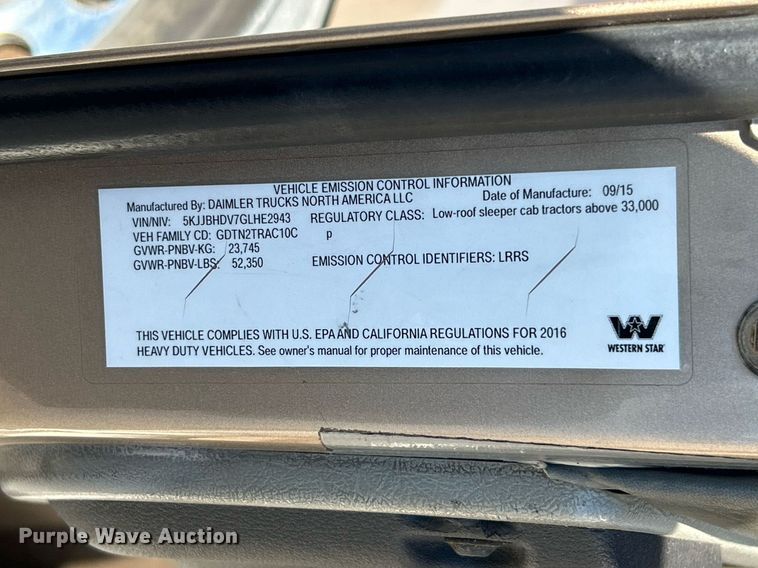 image for item NJ9634 2016 Western Star 5700XE semi truck