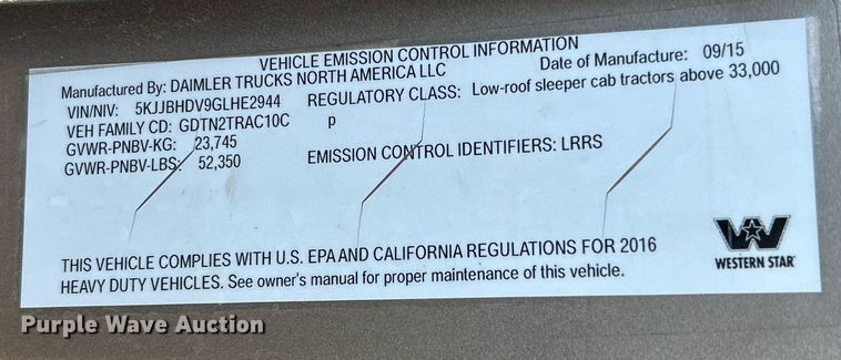 image for item NJ9636 2016 Western Star 5700XE semi truck