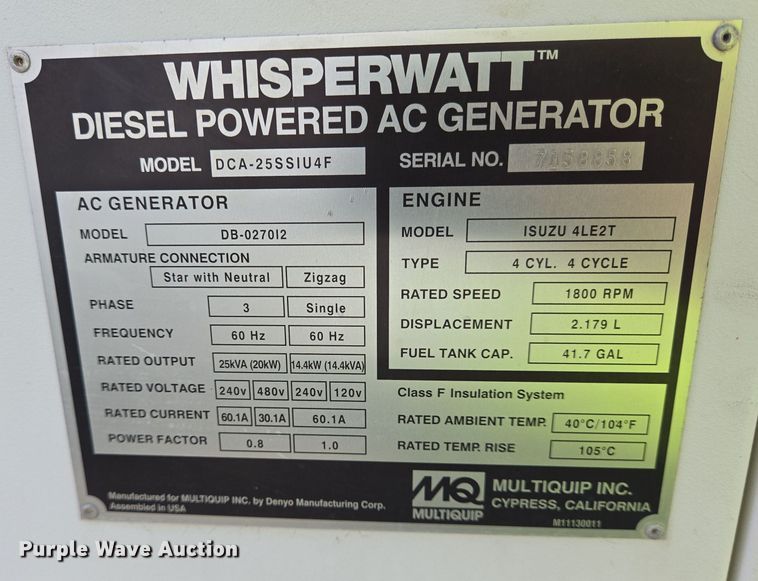 image for item DT5496 2021 Multiquip WhisperWatt DCA25SSIU4F generator