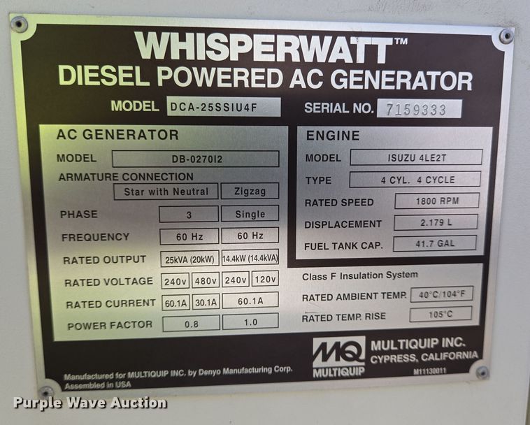 image for item DT5497 2021 Multiquip WhisperWatt DCA25SSIU4F generator