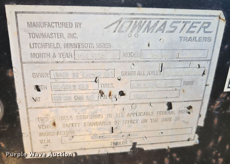 image for item DT7609 2003 TowMaster T14 equipment trailer