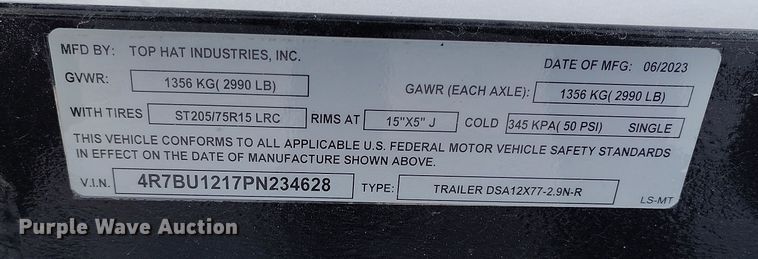 image for item DV6683 2023 TopHat DSA12X77-2.9N-R utility trailer