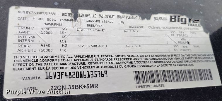 image for item DV6684 2022 Big Tex 22GN-35BK+5MR equipment trailer