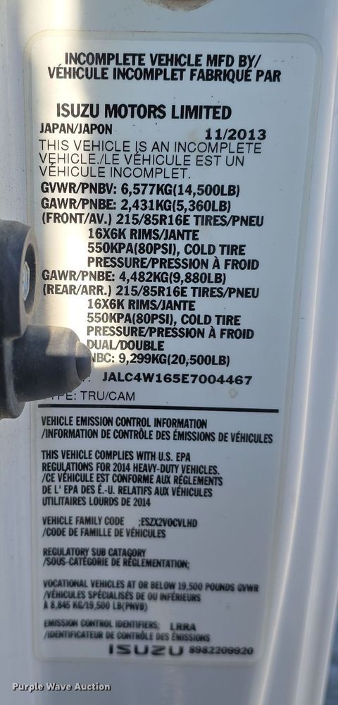 image for item DW3116 2014 Isuzu NPR HD truck cab and chassis