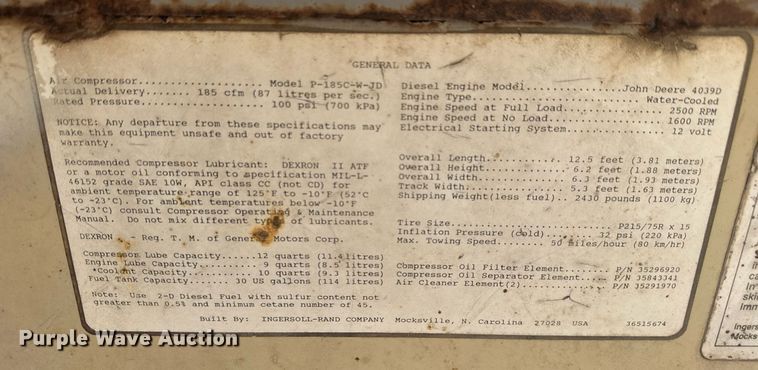 image for item EC3472 Ingersoll Rand P185CWJD air compressor