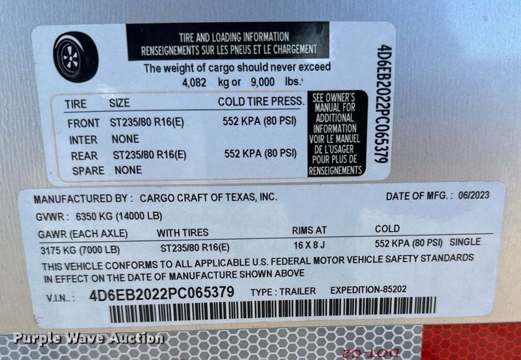 image for item EG2507 2023 Cargo Craft of Texas Expedition enclosed cargo trailer