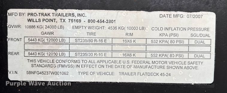 image for item EG2541 2007 Pro Trak Trailers equipment trailer