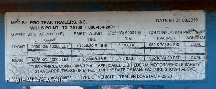 image for item EJ3476 2010 Pro-Trak P-25-20 equipment trailer