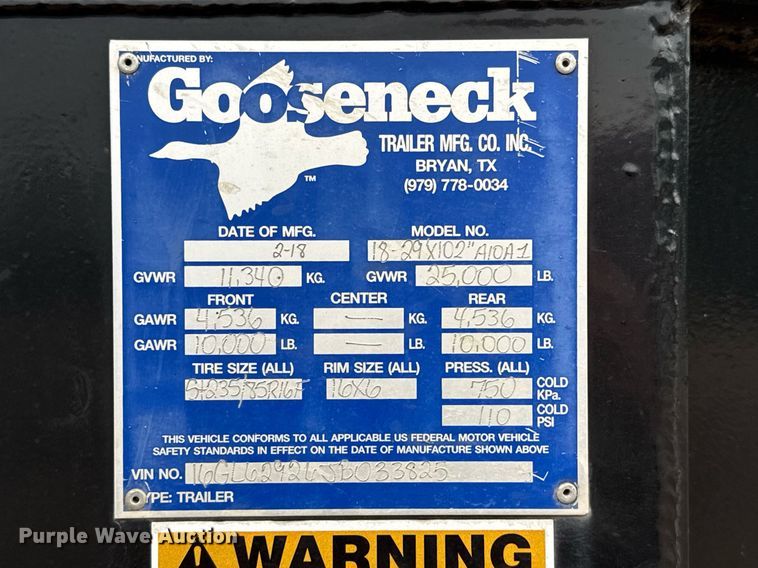 image for item EJ3477 2018 Gooseneck Trailers 18-29x102 equipment trailer