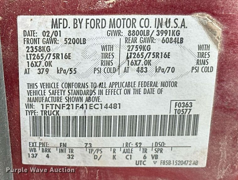 image for item EK0367 2001 Ford F250 Super Duty bale bed pickup truck