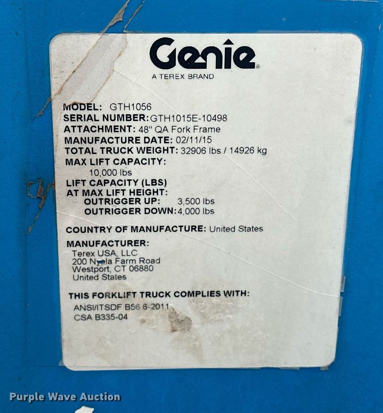 image for item EK0371 2015 Genie GTH-1056 telehandler