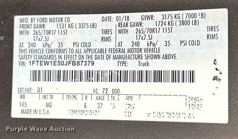 image for item EK2619 2018 Ford F150 XLT SuperCrew pickup truck