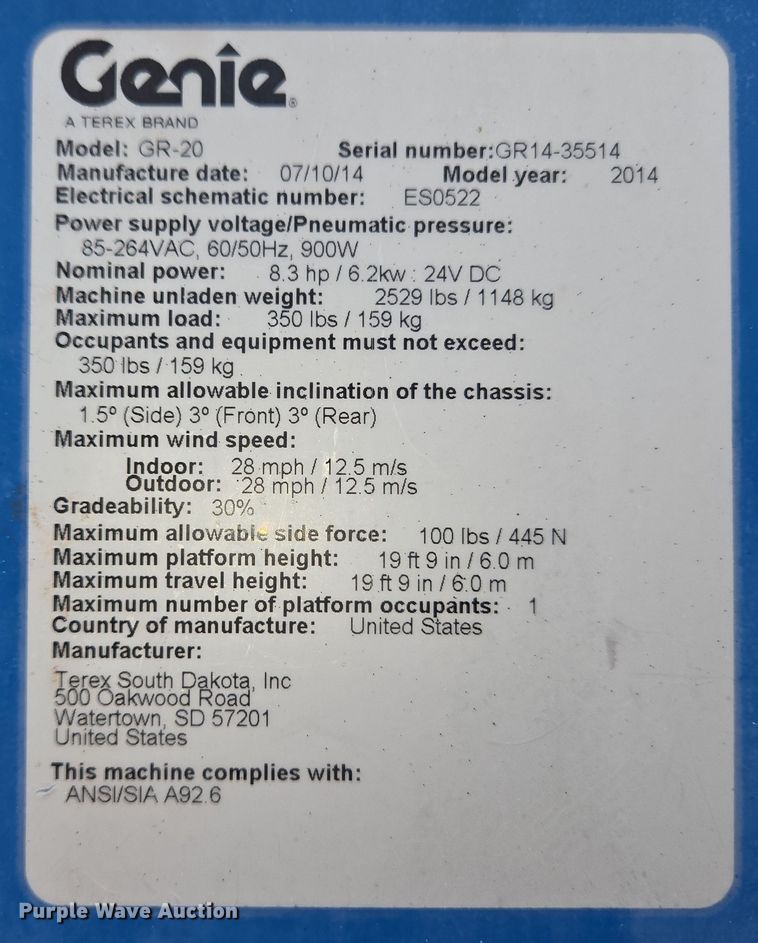 image for item EM6001 2014 Genie GR-20 vertical lift