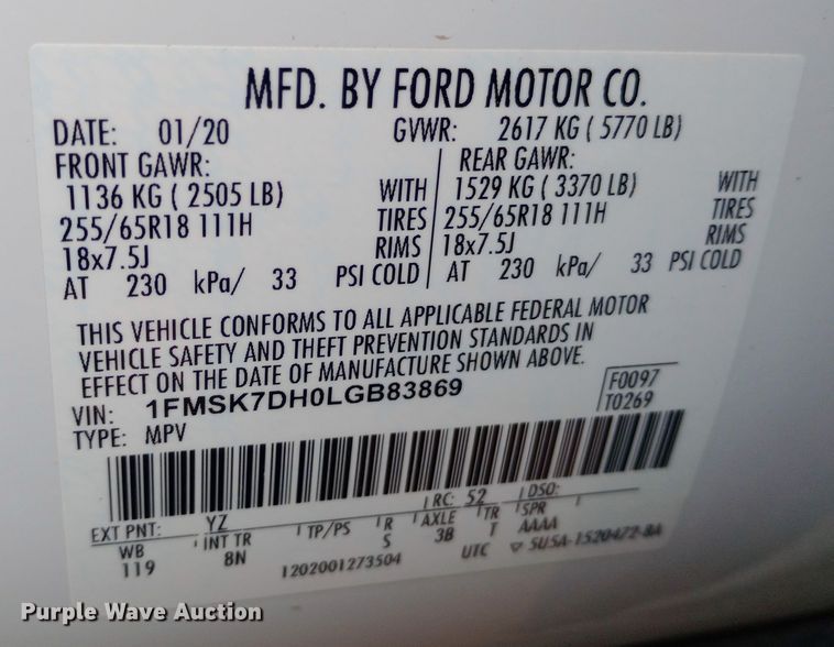 image for item EO0550 2020 Ford Explorer XLT SUV