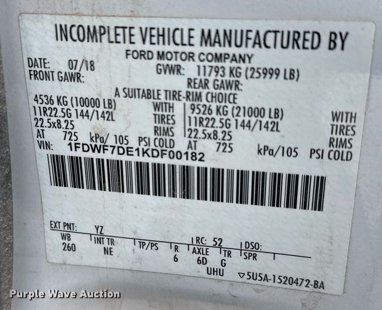 image for item EQ1031 2019 Ford F750 Super Duty box truck