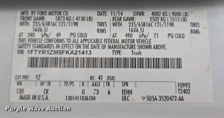 image for item EQ3945 2015 Ford Transit 250 van