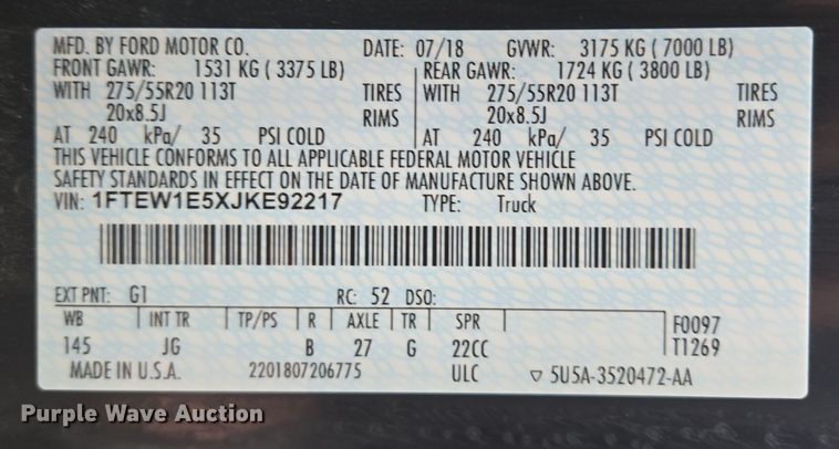 image for item EQ3955 2018 Ford F150 SuperCrew pickup truck