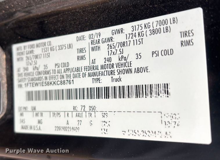 image for item ER1051 2019 Ford F150 SuperCrew pickup truck