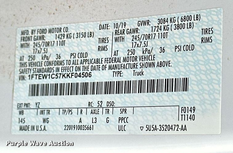 image for item ER4957 2019 Ford F150 SuperCrew pickup truck