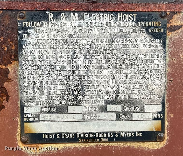 image for item ER4986 Robbins & Myers F5A crane hoist