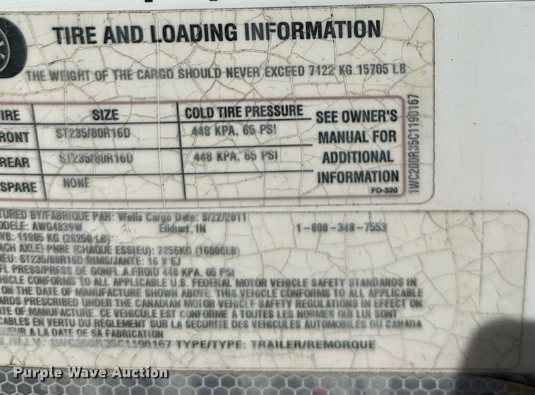 image for item ER8699 2012 Wells Cargo enclosed cargo trailer