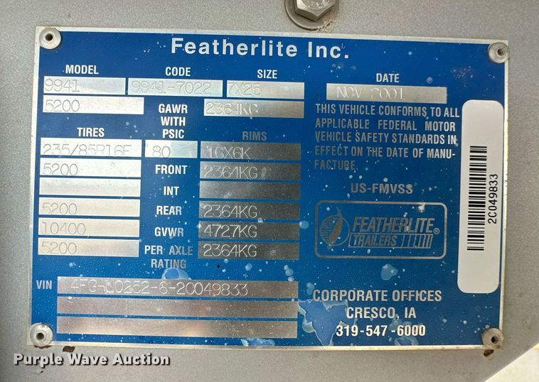 image for item ER8702 2002 Featherlite 9941 livestock trailer