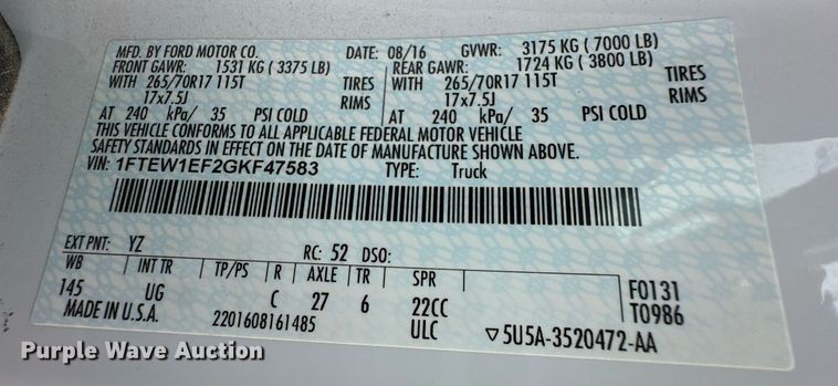 image for item ER8717 2016 Ford F150 SuperCrew pickup truck