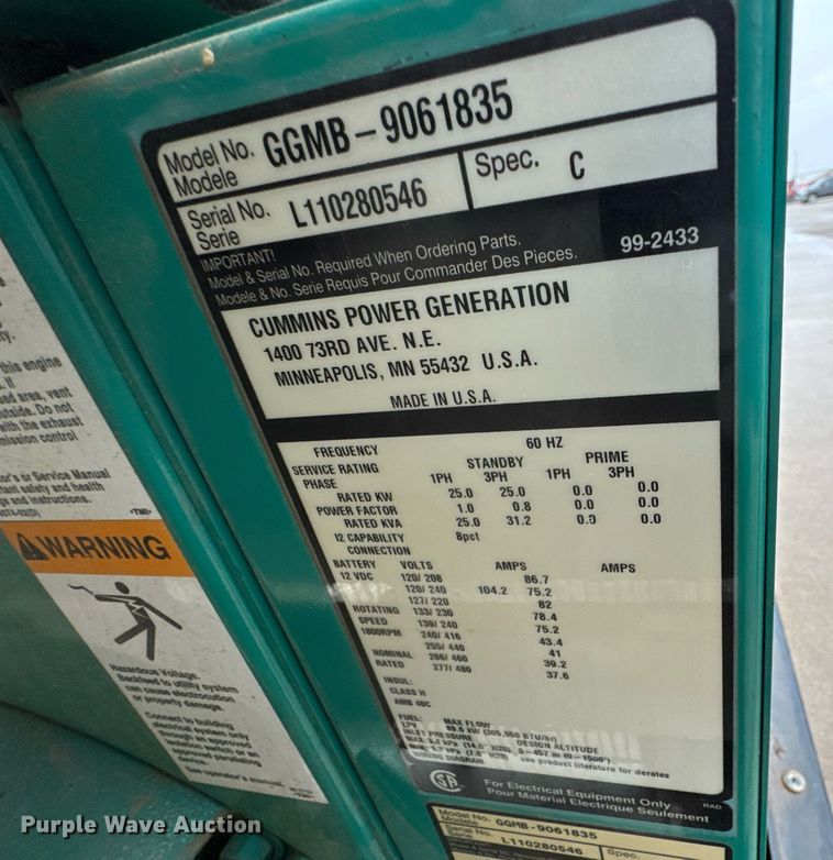 image for item LH9504 2011 Onan GGMB-9061835 generator