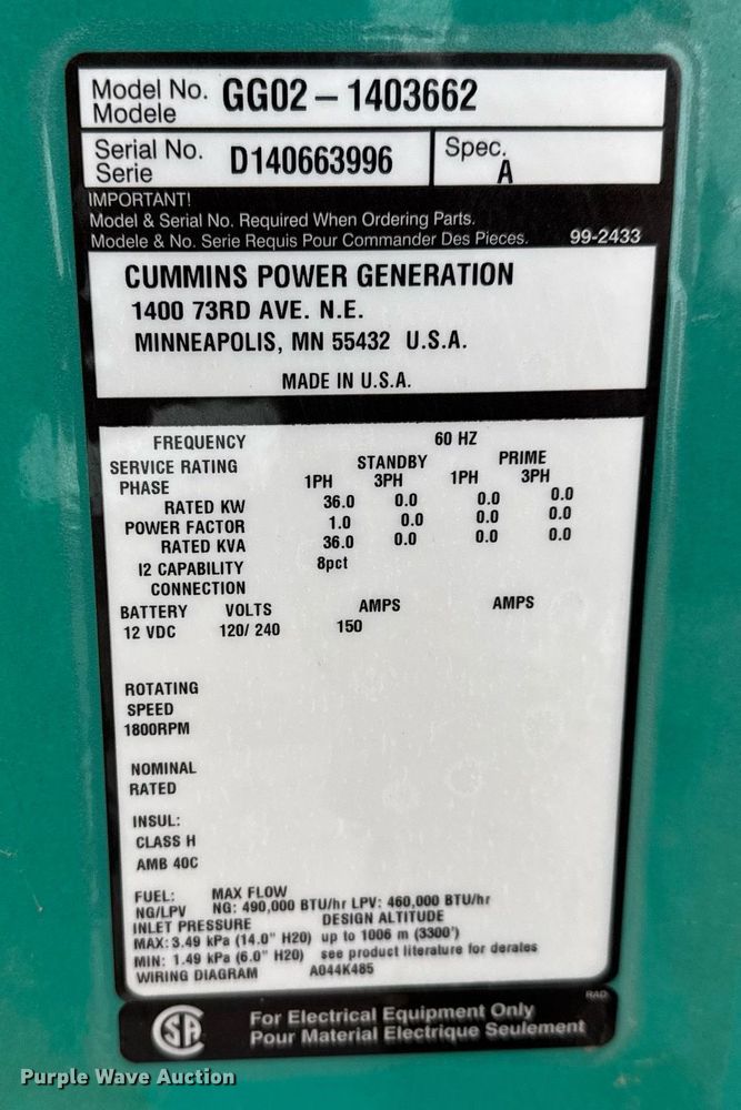 image for item LH9508 2014 Onan GG02-1403662 generator