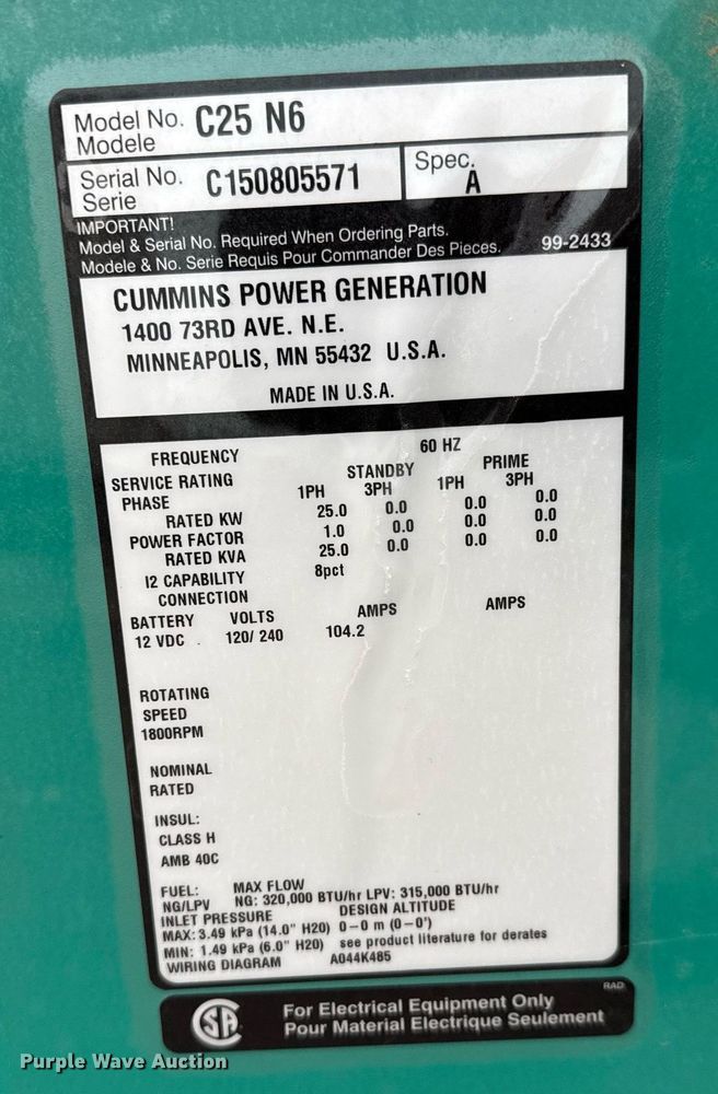 image for item LH9509 2015 Onan GG02-1504830 generator