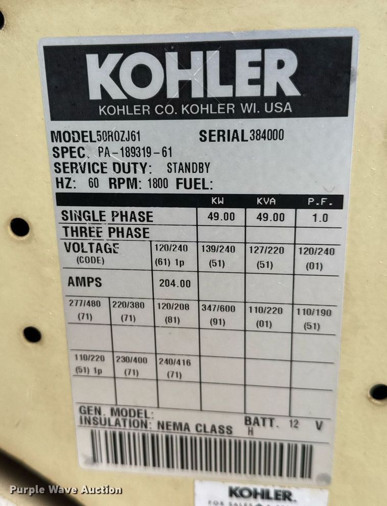image for item LH9510 Kohler 50R0ZJ61 generator