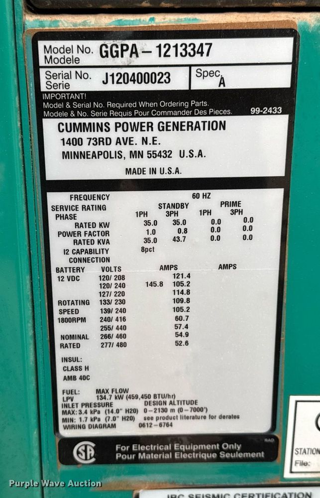 image for item LH9511 2012 Onan GGPA-1213347 generator