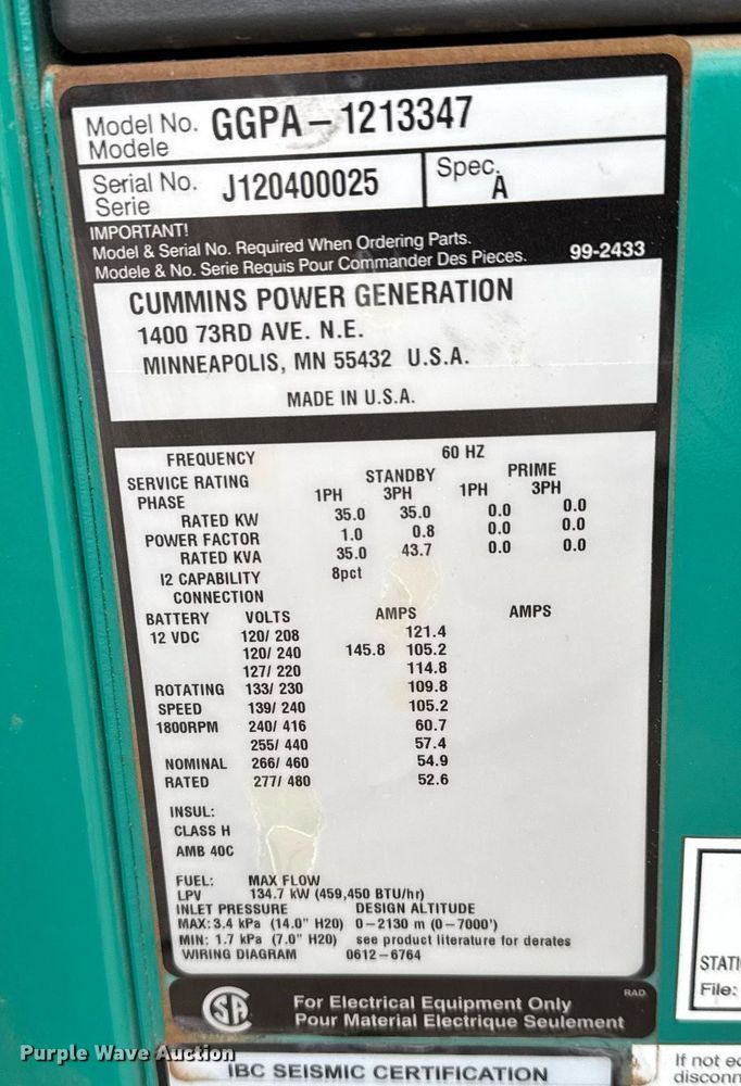 image for item LH9513 2012 Onan GGPA-1213347 generator