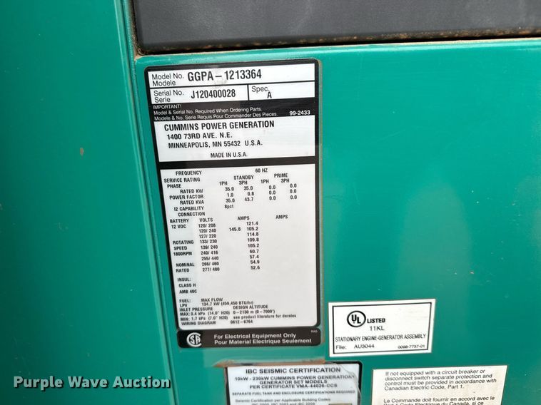 image for item LH9514 2012 Onan GGPA-1213364 generator