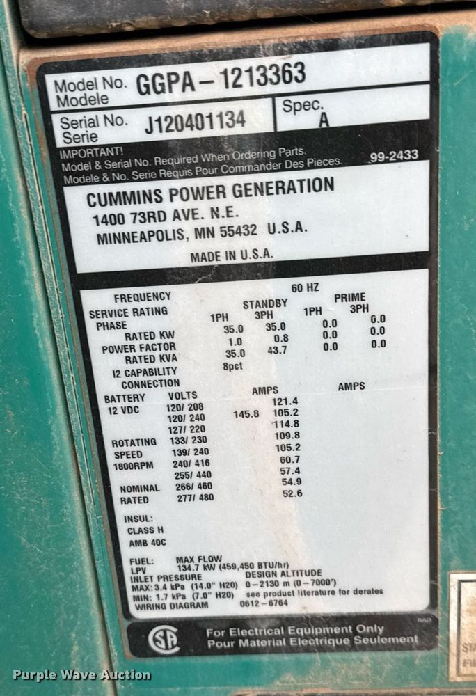 image for item LH9515 2012 Onan GGPA-1213363 generator